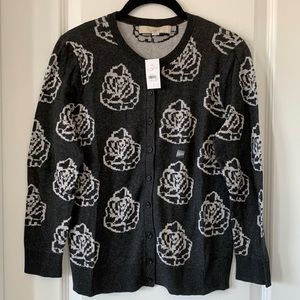 NWT LOFT Gray and White Floral Print 3/4 Length Sleeves Cotton Cardigan Sweater
